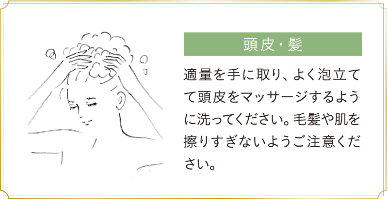 頭皮・髪：適量を手に取り、よく泡立てて頭皮をマッサージするように洗ってください。毛髪や肌を擦りすぎないようご注意ください。