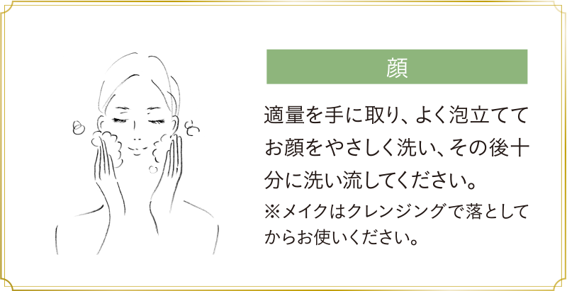 顔：適量を手に取り、よく泡立ててお顔をやさしく洗い、その後十分に洗い流してください。
※メイクはクレンジングで落としてからお使いください。